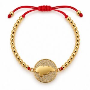 Pulsera ajustable roja con cuentas doradas y medallón de circonias