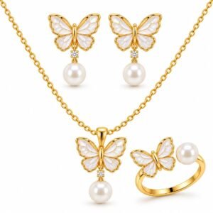 Juego de collar, aretes y anillo de mariposas con perlas