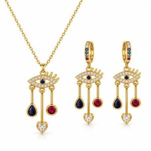 Juego dorado de ojos con colgantes multicolor