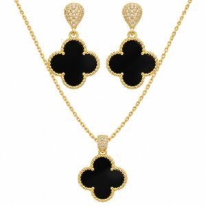 Juego de collar y aretes de trébol negro con detalles dorados