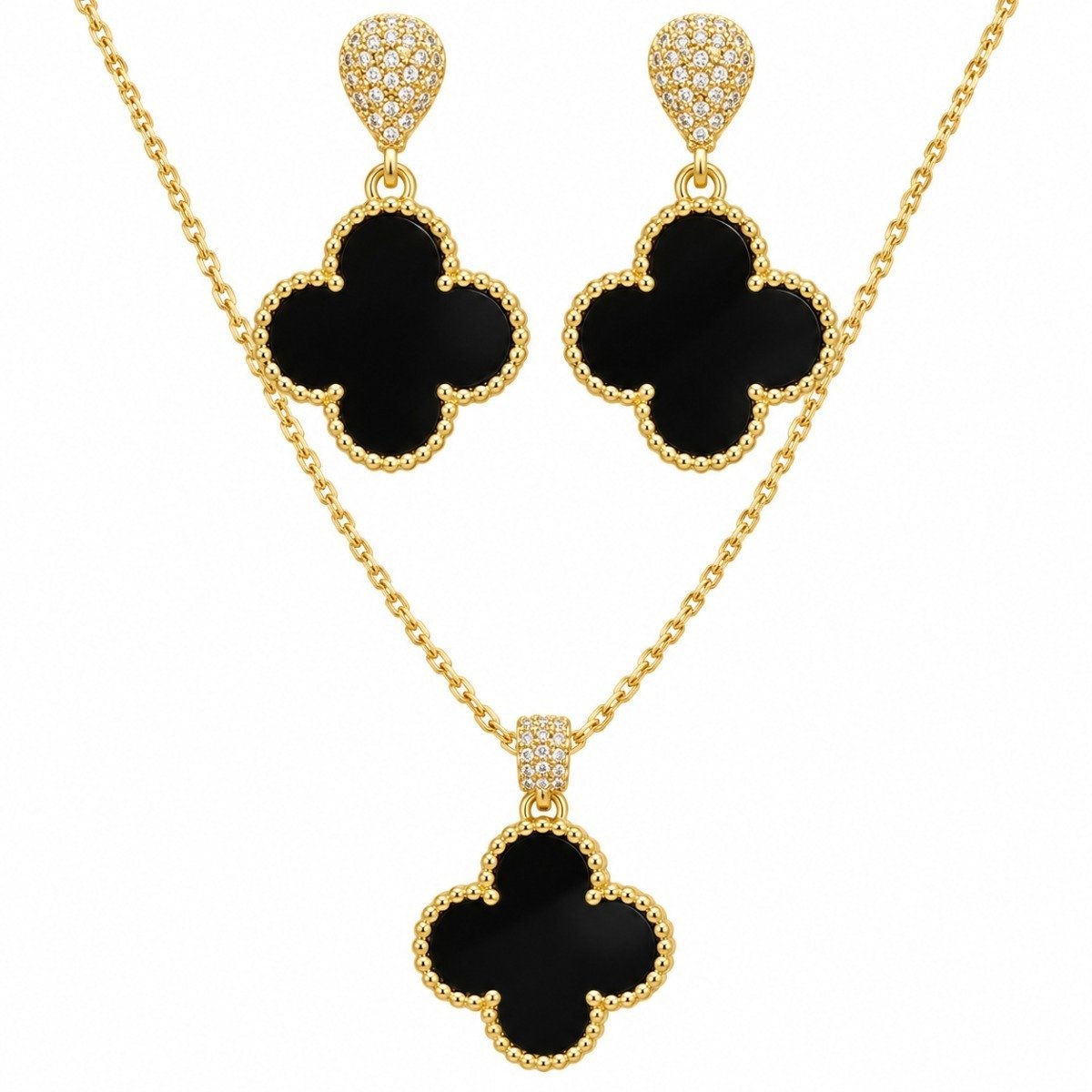 Juego de collar y aretes de trébol negro con detalles dorados