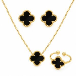 Juego de collar, aretes y anillo de trébol negro