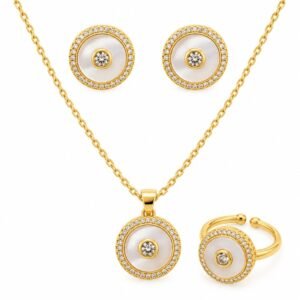 Juego de collar, aritos y anillo circular nacarado