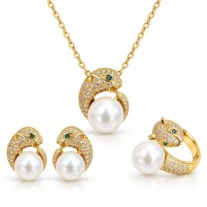 Juego de collar, aritos y anillo de serpiente con detalles perlados