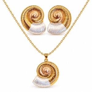 Juego de collar y aretes espiral dorados con detalle nacarado