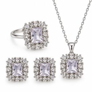 Juego de collar, anillo y aretes con circonias rectangulares