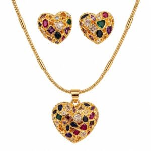 Juego dorado de corazones con circonias multicolor